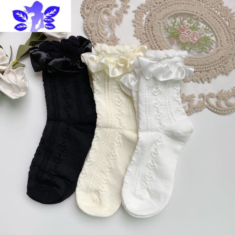 Ideamini 洛丽塔少女缎面花边泡泡口短袜百搭可爱爱心花朵jk中筒袜堆堆袜袜子图片