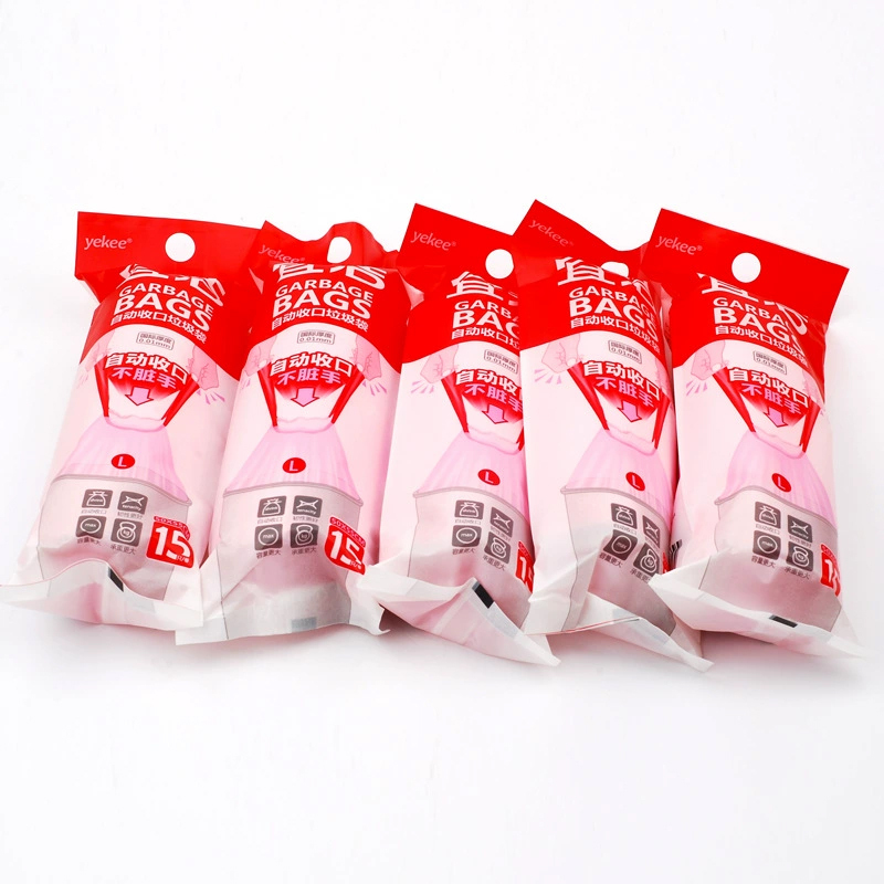 宜洁 手提式垃圾袋加厚家用自动收口抽绳塑料袋 50*55cm大号粉色15只高清大图