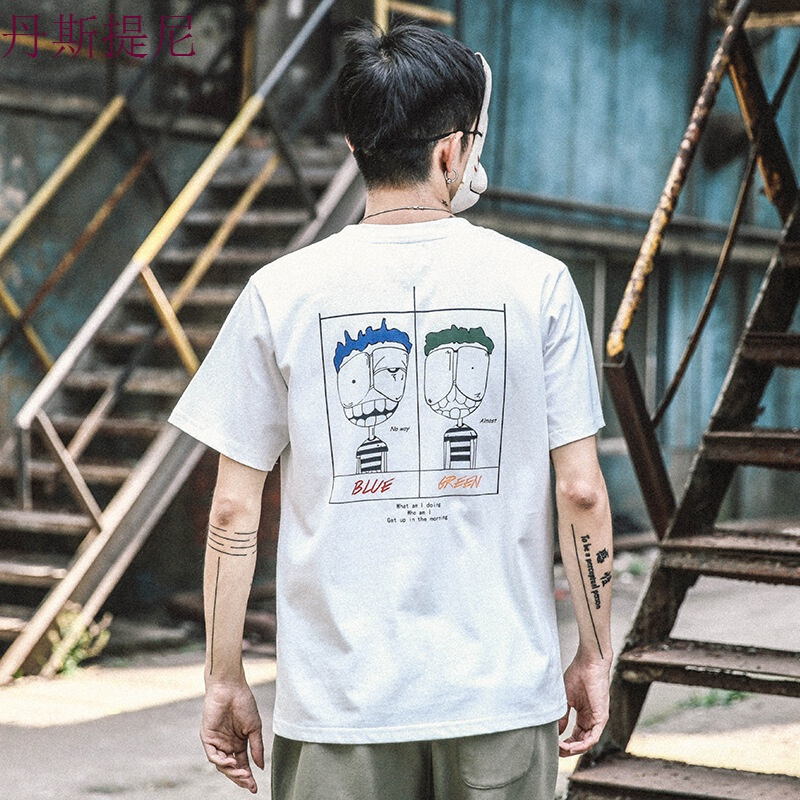东京衣柜男装港风潮流圆领白色短袖T恤夏季宽松情侣嘻哈印花半袖t