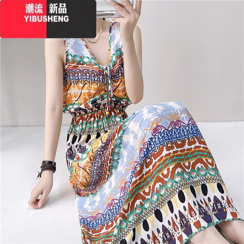 YIBUSHENG无袖棉绸连衣裙女民族风长款过膝碎花裙波西米亚大码显瘦沙滩裙