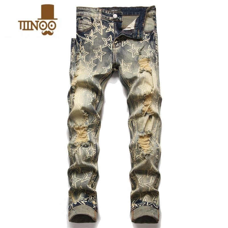 YANXU新款复古印花牛仔裤男弹力修身直筒欧美个性怀旧破洞休闲长裤图片