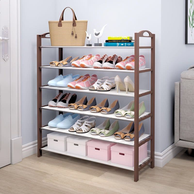 [清仓]口鞋架简易多层家用防尘组装经济型宿舍小号鞋架子鞋柜 14层双排带枣红色防尘罩图片