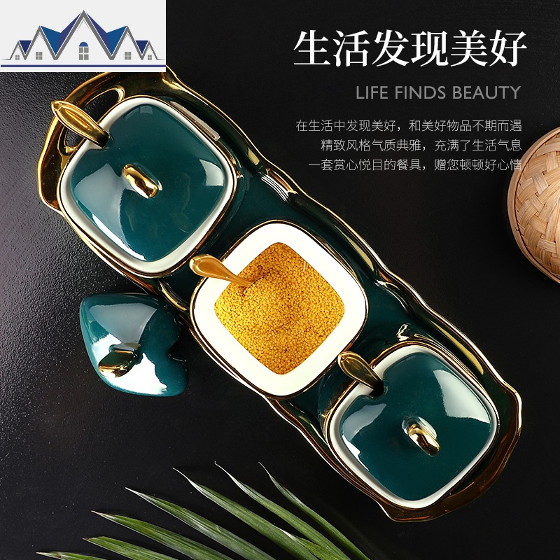 北欧祖母绿调料罐子陶瓷调味盒套装组合装糖盐味精罐家用厨房用品 三维工匠收纳盒高清大图