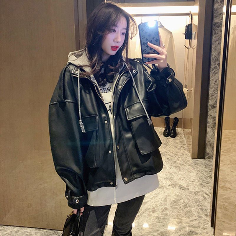 假两件皮衣外套女2021年春秋新款黑色pu加厚卫衣韩版皮夹克机车服