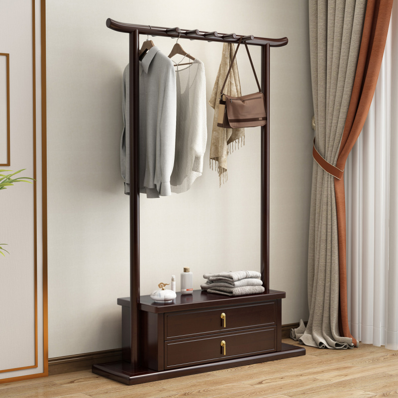 新中式实木衣帽架卧室带挂钩两抽屉储物落地挂衣架家用置物架实木双