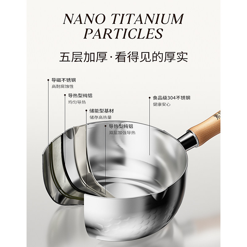 素味 无涂层小奶锅日式雪平锅宝宝专用辅食锅不锈钢婴儿家用泡面汤锅 18cm高清大图