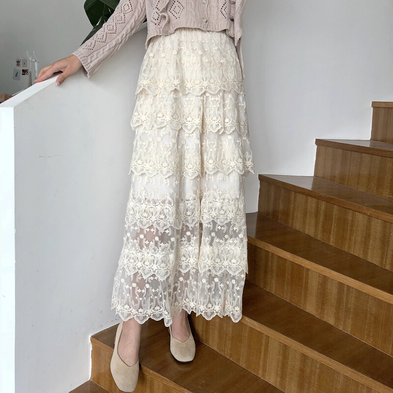 春季新款钩花高腰蕾丝半身裙女温柔花边显瘦长裙仙女裙杏色