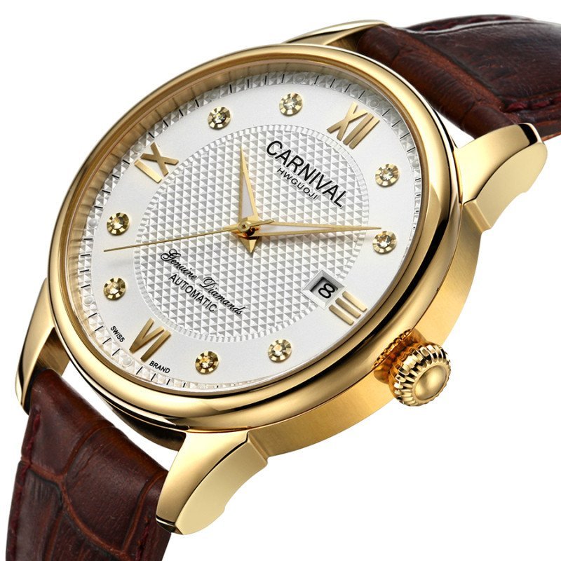 瑞士嘉年华CARNIVAL男表 全自动机械表 男士背透夜光防水手表 商务时尚休闲镶水钻腕表 机械表精钢表带8605-KH 棕皮金色白面