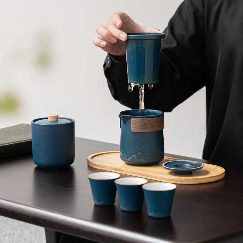 苏氏陶瓷(SUSHI CERAMICS)山水旅行茶具便捷功夫茶具套装陶瓷快客杯带便携旅行包(蓝)高清大图