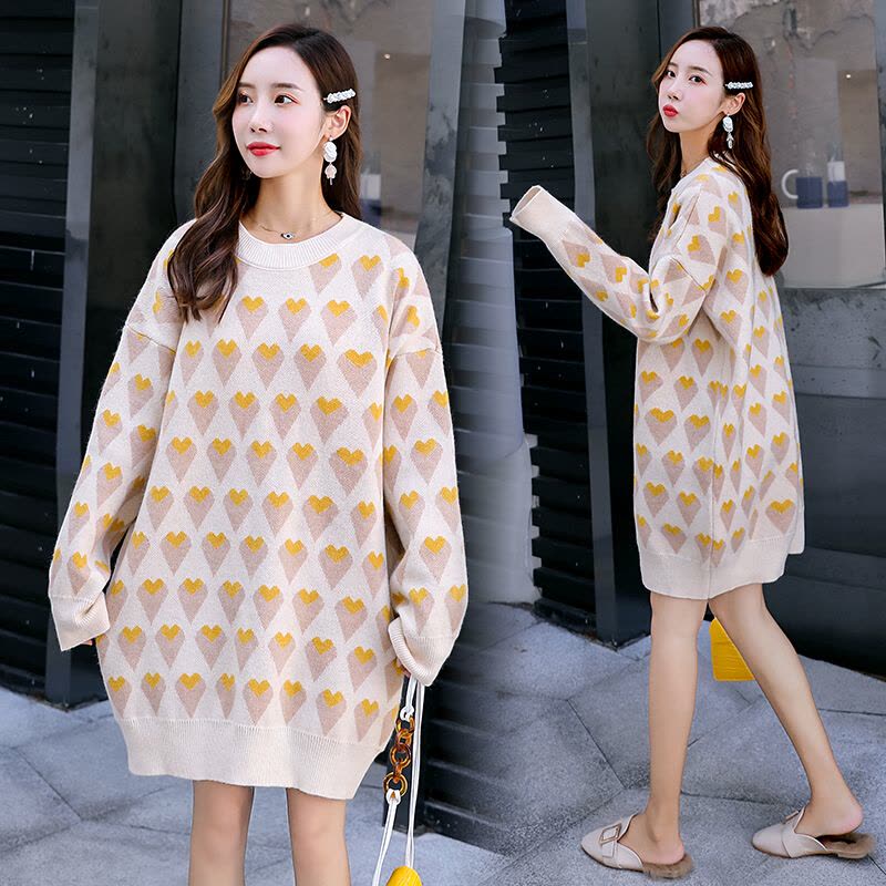 迪鲁奥(DILUAO)孕妇装秋冬装套装孕妇时尚中长款套头爱心上衣外穿怀孕期 米色 均码[适合约90-1图片