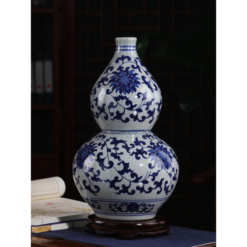 景德镇陶瓷花瓶摆件仿古官窑青花瓷花瓶裂纹釉葫芦古典家居装饰品 三维工匠 青花仿古葫芦+不转底座高清大图