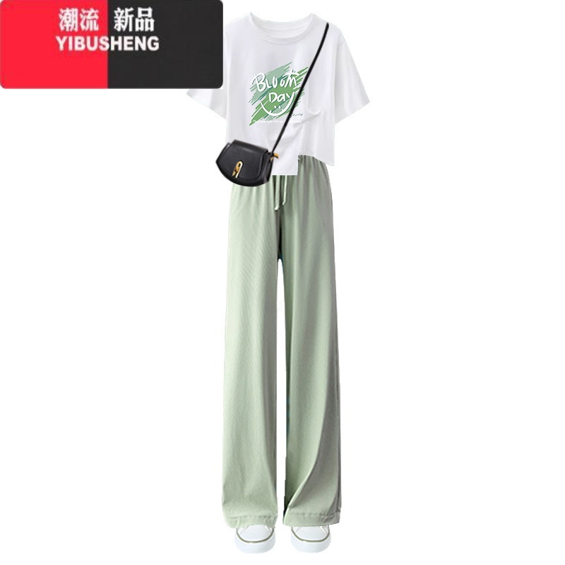 YIBUSHENG薄荷曼波绿正肩短袖t恤女装2024新款季阔腿裤搭配的上衣高清大图