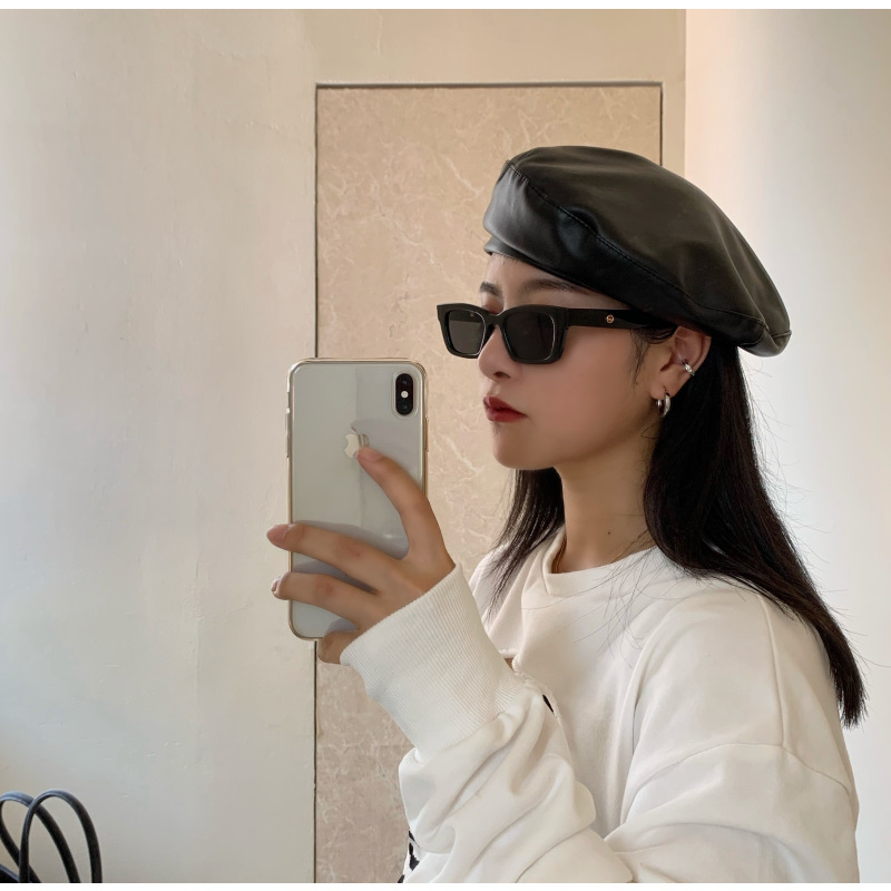 盛世尼曼帽子女网红pu皮港风摩登纯色百搭贝雷帽秋冬时尚英伦风复古画家帽