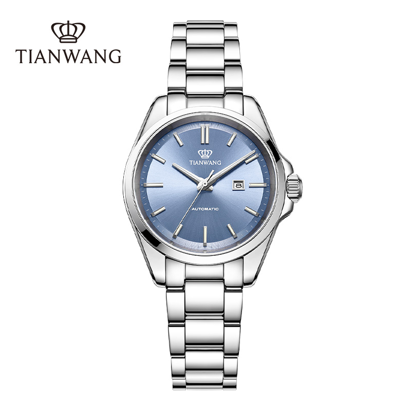 天王好彩机械女表轻奢大表盘钢带女士手表时尚新款正品腕表51586 天青色女表