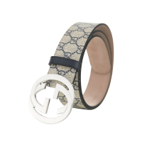 GUCCI/古驰 腰带 男款经典款大logo双G印花米蓝帆布银扣