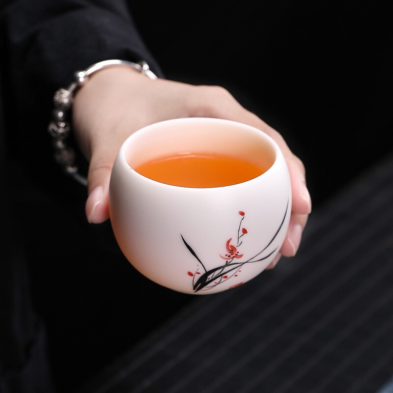 金镶玉 吕承明梅兰竹菊羊脂玉瓷手绘杯 茶杯套装品茗杯单杯主人杯功夫茶具礼盒装 容量125ml 口径7.1cm高清大图