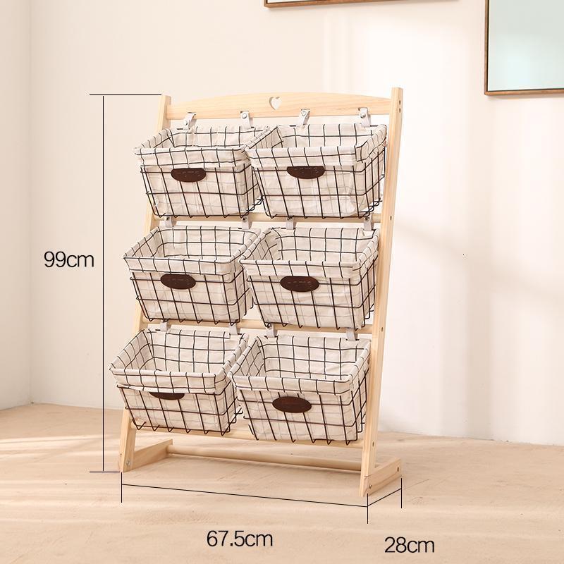 森美人创意实木书报架客厅杂物架田园布艺收纳架落地置物架家用玩具储物 三层双排--白格筐-原木杆