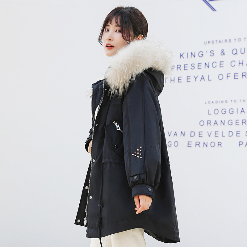 yaloo雅鹿2019冬装收腰显瘦真貉子毛领连帽羽绒服女短款派克服sx