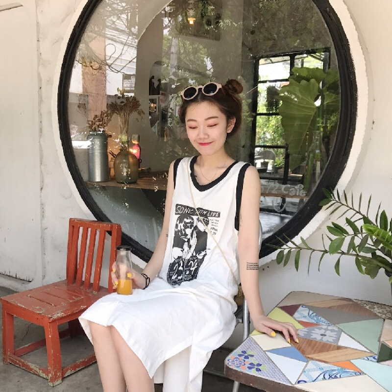 春夏女装韩版小清新印花中长款宽松无袖运动风打底衫带背心上衣白色均码