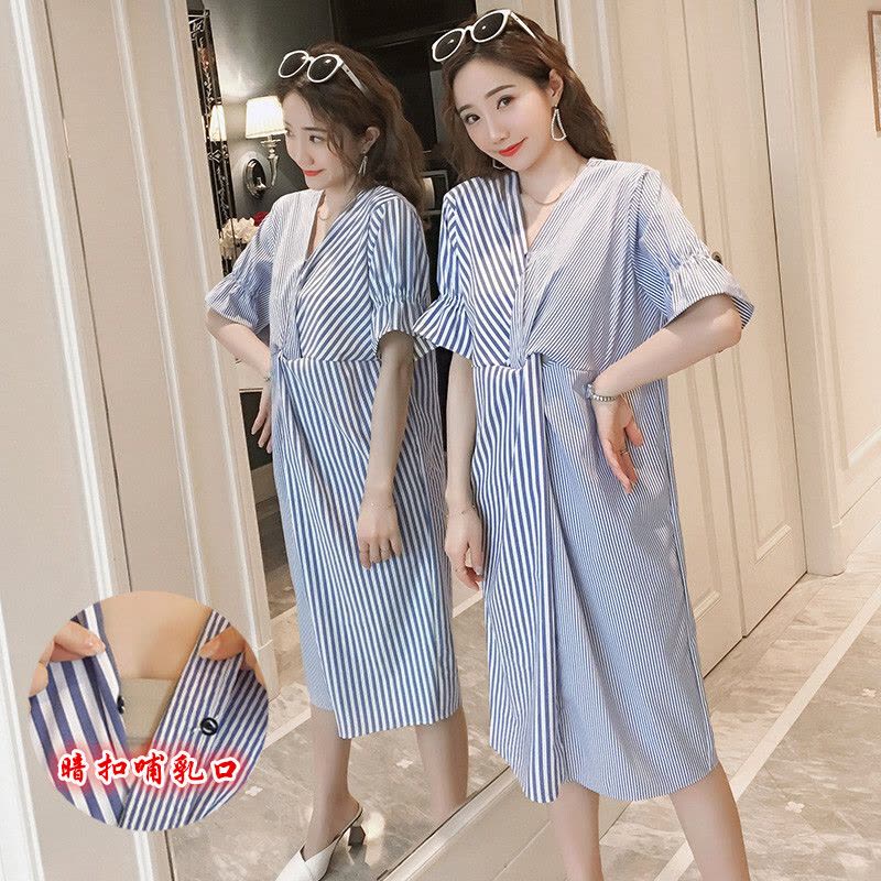 迪鲁奥(DILUAO)2021孕妇夏季短袖连衣裙时尚V领可哺乳衬衫裙辣妈夏季条纹孕妇裙图片