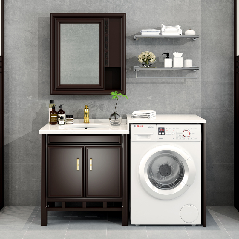 定制新中式智能实木浴室柜ciaa组合洗手洗脸盆池卫生间洗衣机柜落地式