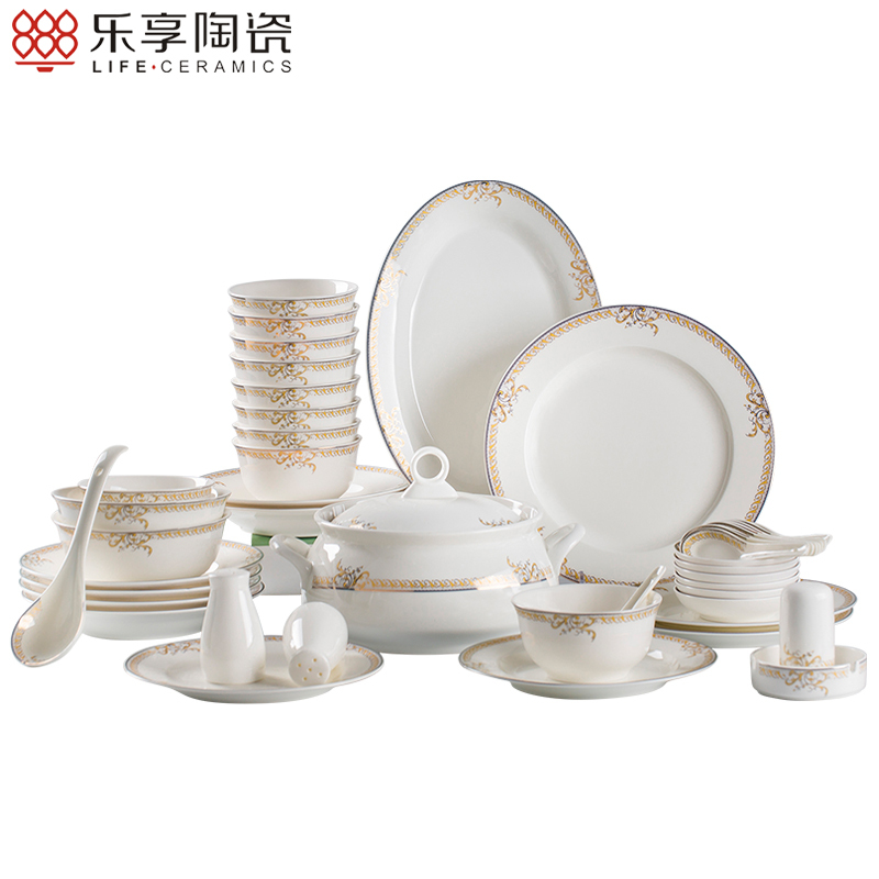 乐享 碗碟套装60头欧式骨瓷餐具国产景德镇金边家用吃饭碗盘家用送礼 皇家之恋