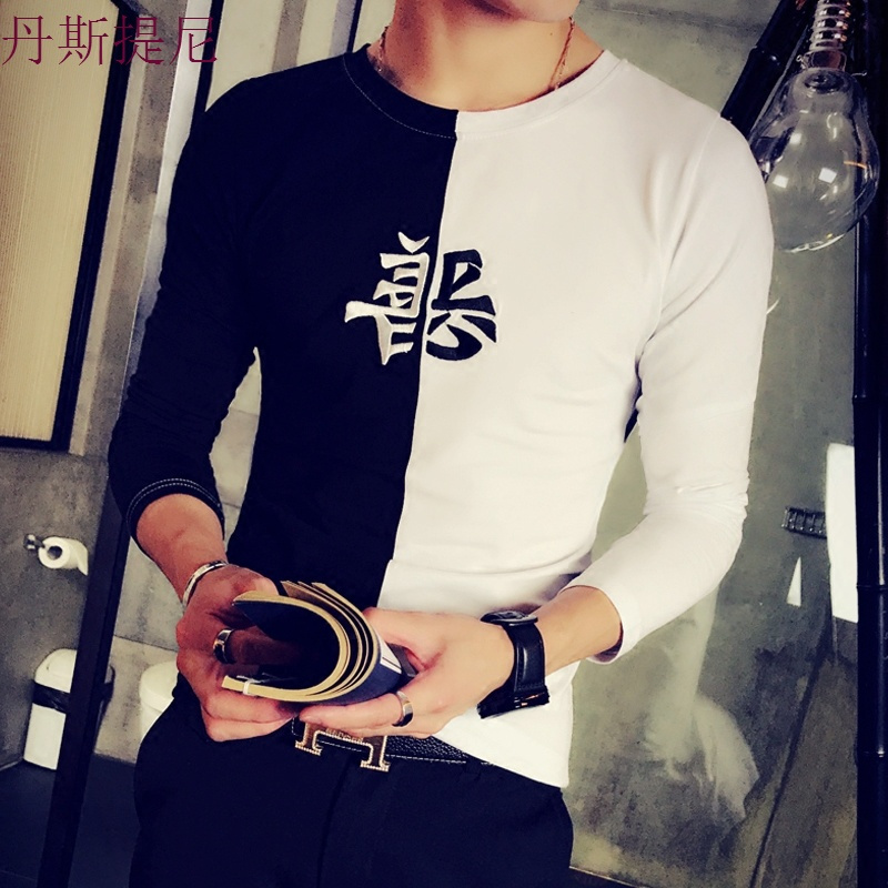秋季男士长袖T恤韩版修身2017新款潮流刺绣紧身圆领体恤秋装衣服
