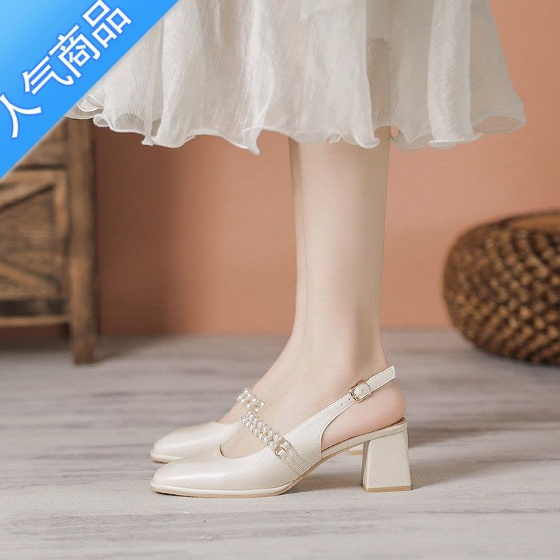 SUNTEK包头凉鞋女2023春秋新款仙女风配裙子珍珠粗跟单鞋中跟玛丽珍女鞋图片