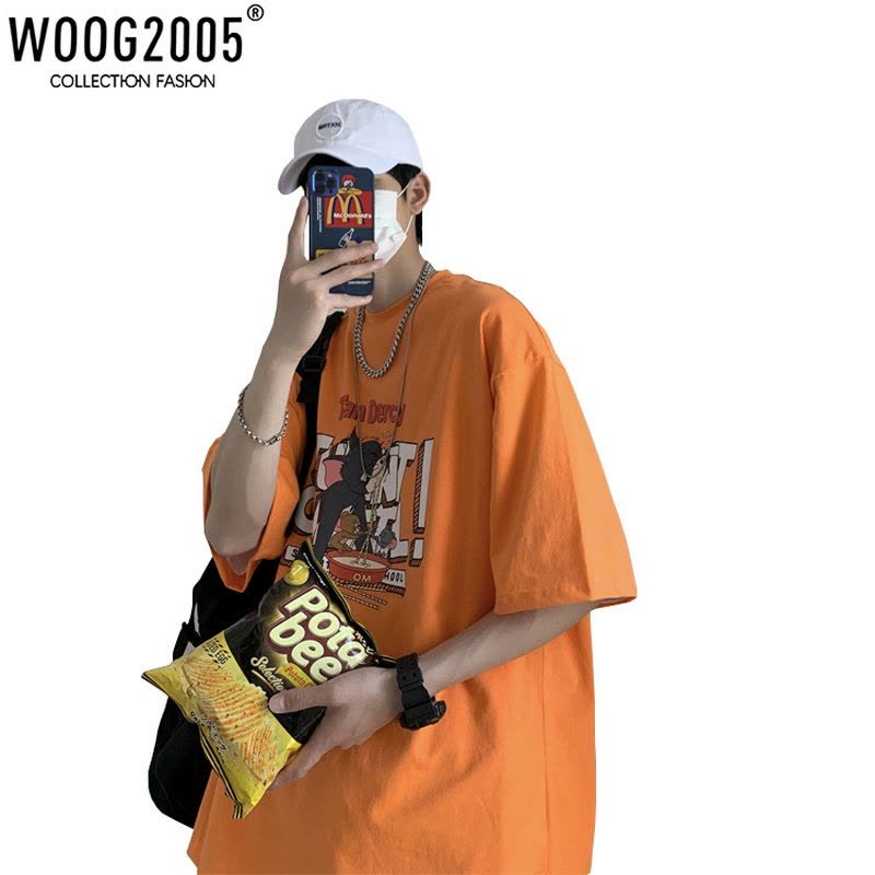 WOOG2005白色短袖男夏季上衣纯棉t恤oversize青少年情侣体恤半袖图片