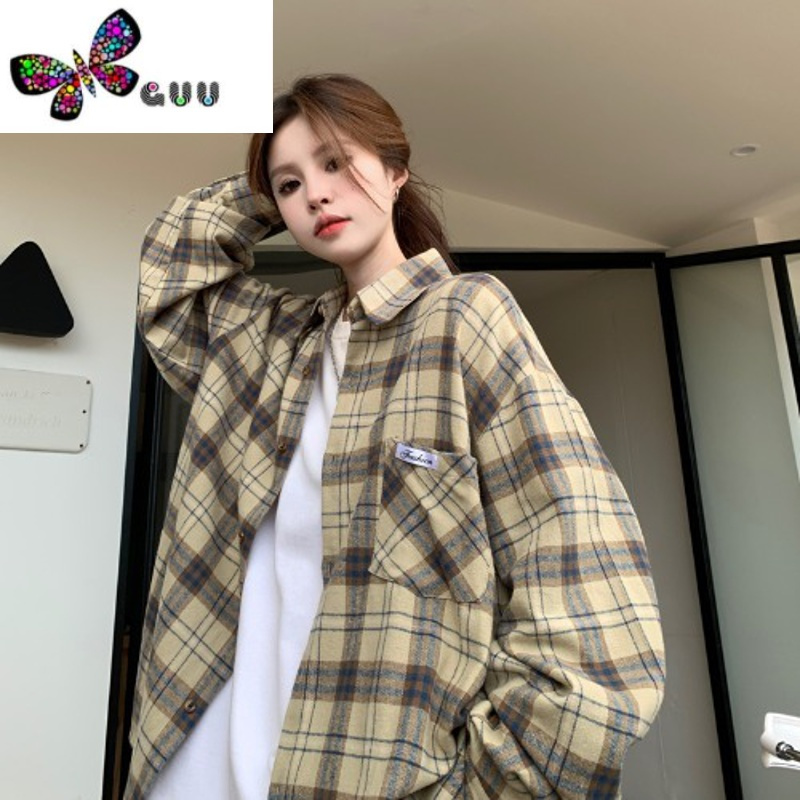 语娄秋装女2023年新款韩版衬衫女复古色格纹长袖百搭休闲宽松衬衣外套