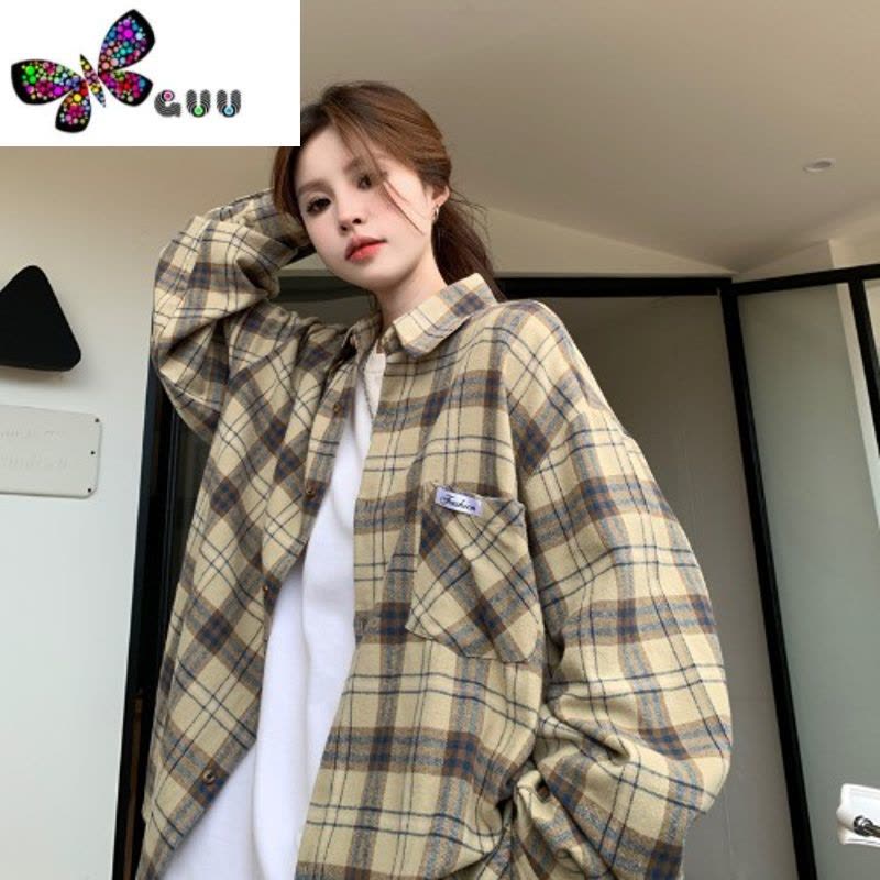 语娄秋装女2023年新款韩版衬衫女复古色格纹长袖百搭休闲宽松衬衣外套图片