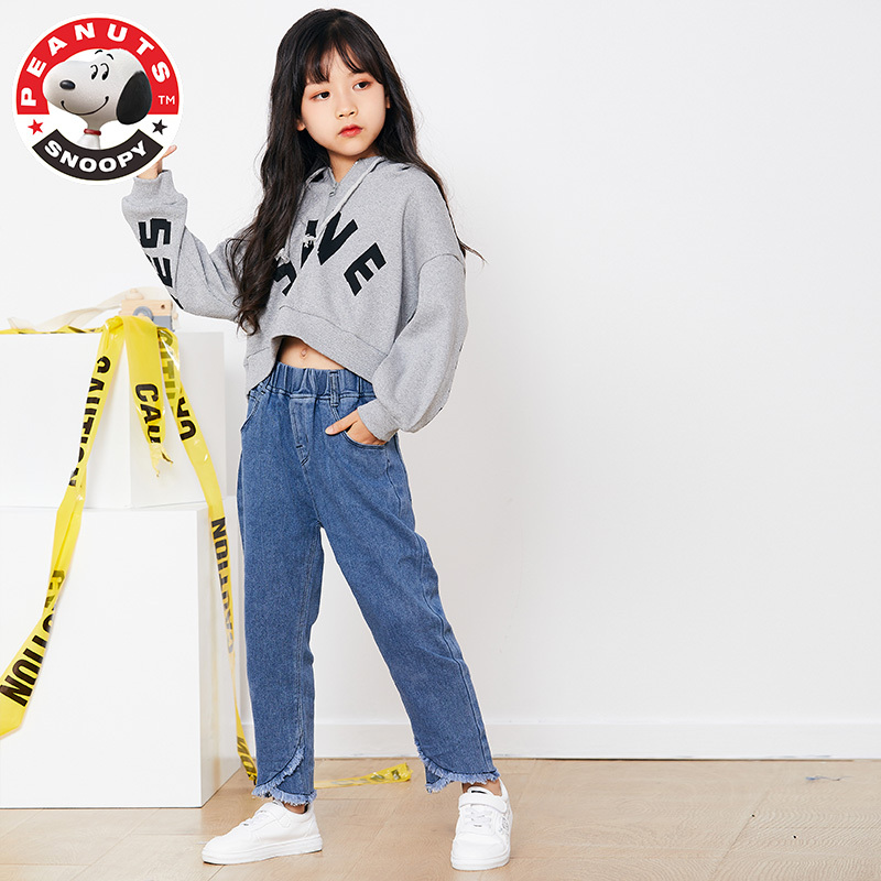 Snoopy儿童裤子女牛史努比仔宽松休闲春秋长裤时髦洋气女童牛仔裤S2034305