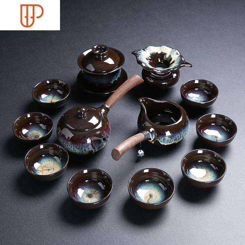 钧窑建盏天目釉陶瓷网红石磨窑变功夫茶具旅行泡茶器国泰家和侧把壶13