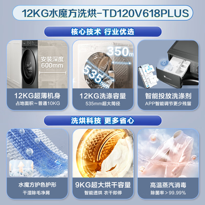 小天鹅(LittleSwan)滚筒洗衣机全自动家用 带烘干洗烘一体 水魔方[TD120V618PLUS]12公斤 超薄高清大图