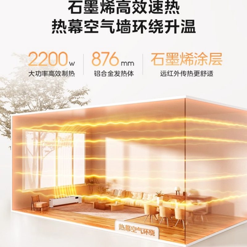 美的(Midea)取暖器家用踢脚线电暖器石墨烯加热浴室用智能电暖器速热遥控节能电暖器取暖加湿一体 HDT22ANS白色高清大图