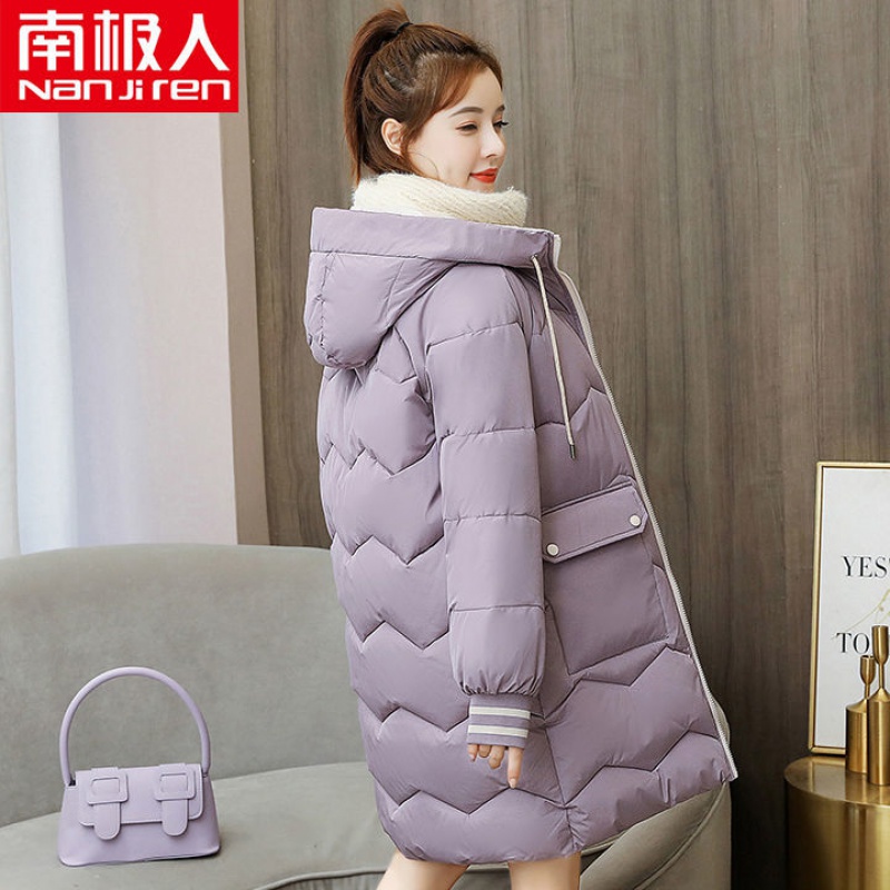 南极人加厚保暖中长款羽绒棉服女2020冬季新款韩版宽松连帽外套潮 L建议106~115斤 2008#紫色