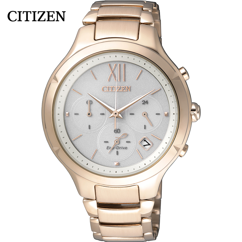西铁城(CITIZEN)手表女士 日韩品牌光动能不锈钢表带三眼计时玫瑰金色时尚腕表 FB4013-51A