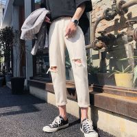 梵克公牛破洞牛仔裤男潮牌常规小脚坠感阔腿9分九分裤韩版潮流裤子港风ins