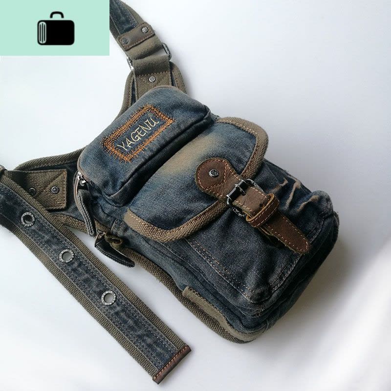 牛仔单肩包男复古帆布斜挎包旅游随身包牛仔布街头潮流小背包跨包NEW LAKE 复古蓝男士斜挎包图片