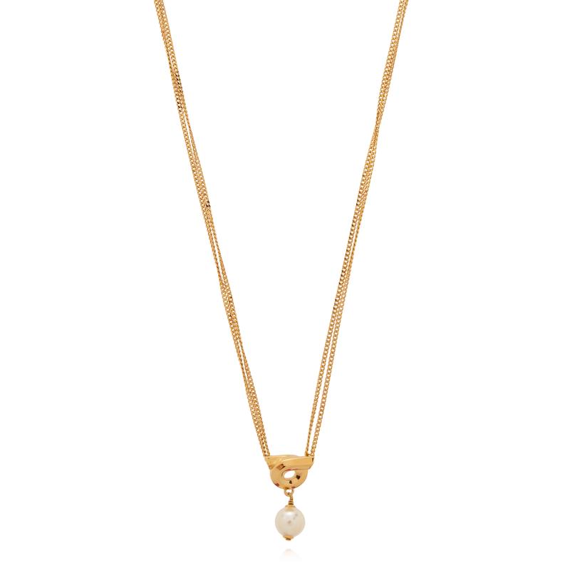 Salvatore Ferragamo/菲拉格慕女士百搭黄铜珍珠项链经典金色链坠日常通勤晚