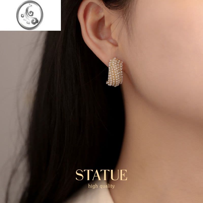 JiMi简约波浪纹S小米珍珠耳环女法式高级感气质耳钉INS风名媛百搭耳饰图片