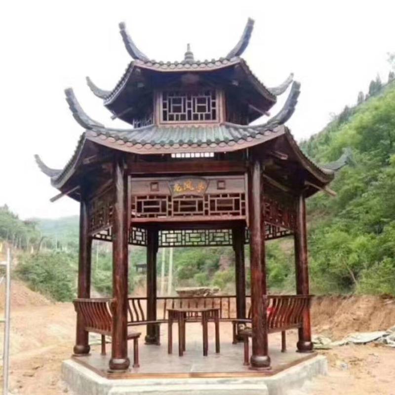 森美人六角四角凉亭中式古建户外庭院凉亭实木碳化木休闲亭防腐木木亭子 双层六角