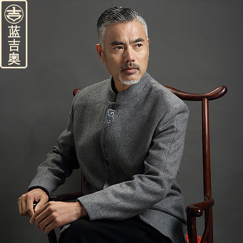 中老年唐装男羊毛呢大衣爸爸爷爷老人衣服装中式中山装中国风外套视频