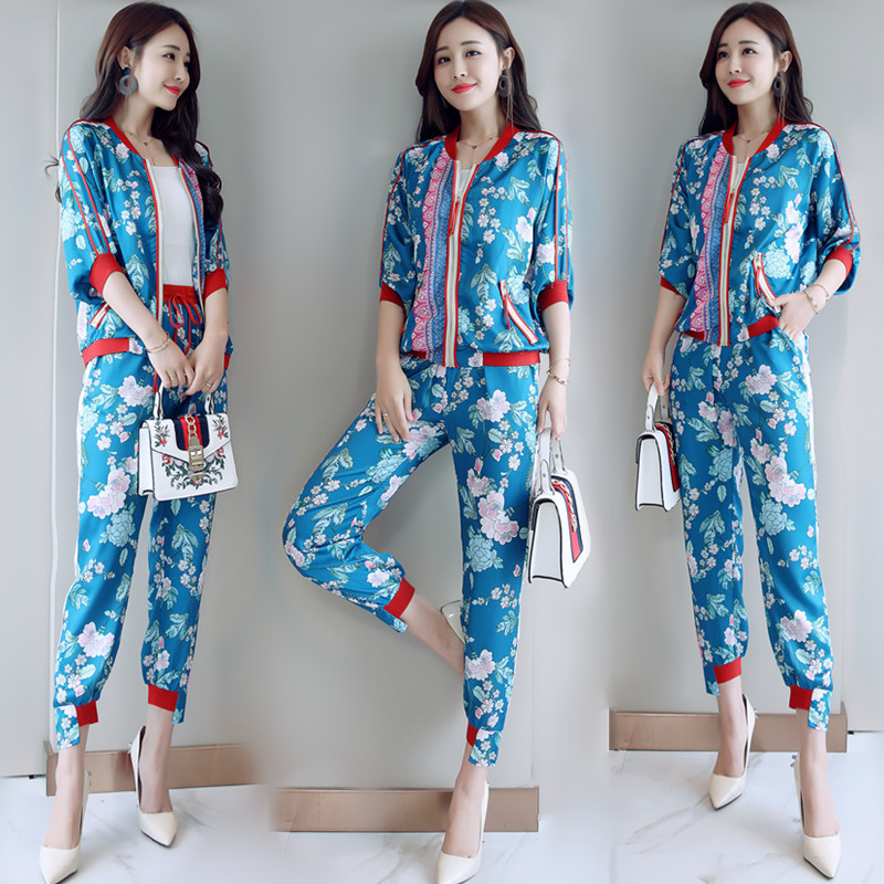早秋女装女士新品套装时尚棒球服外套时髦印花+裤子港味两件套潮