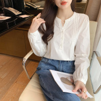 2023秋季新款女圆领褶皱长袖衬衫百搭别致减龄气质时尚潮流_424137 S 本白