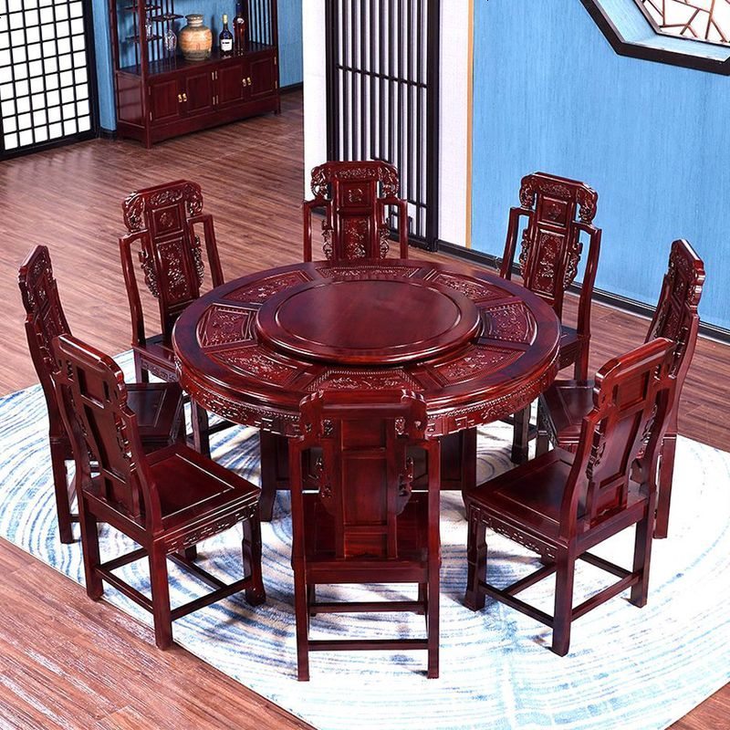红木家具餐桌圆桌非洲酸枝木圆形餐桌全实木圆台餐桌椅组合 邮