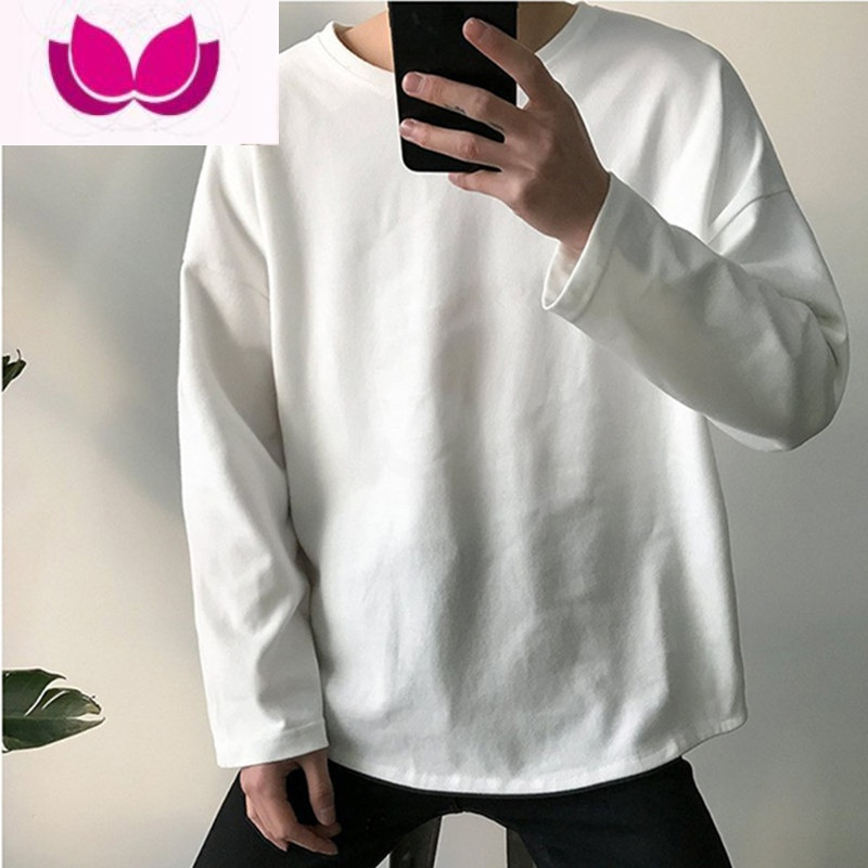 七斓纯色长袖t恤男生潮牌秋季韩版宽松百搭潮流ins情侣款打底衫上衣服