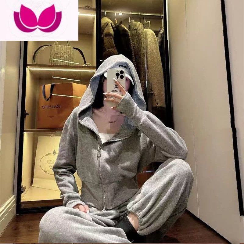 七斓时尚气质休闲运动套装连帽上衣卫衣外套女高腰收腿阔腿裤套图片