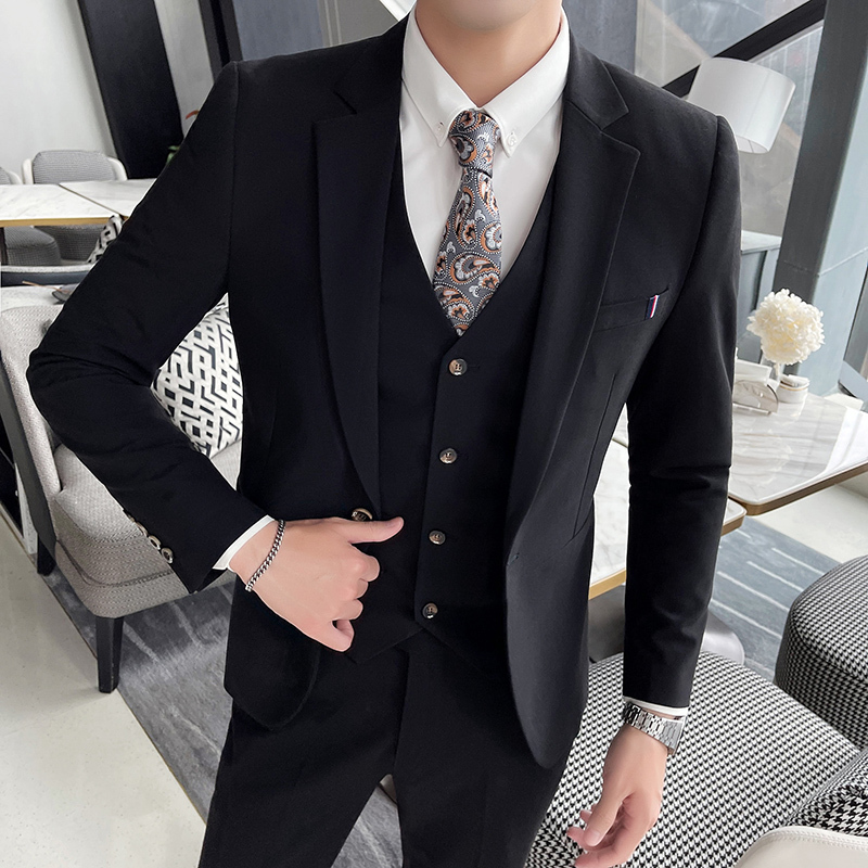韩版休闲纯色西服套装男 修身中青年男士西服三件套装新郎西装男