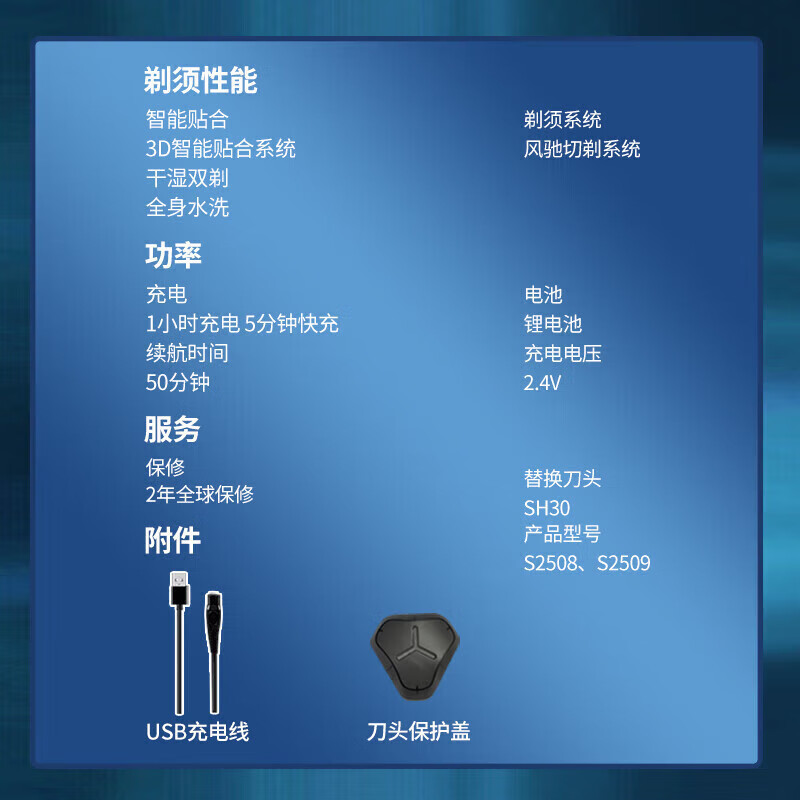 飞利浦(Philips)电动剃须刀S2509秘夜黑全新2系刮胡刀快充全身水洗生日礼物送男友送老公送父亲高清大图